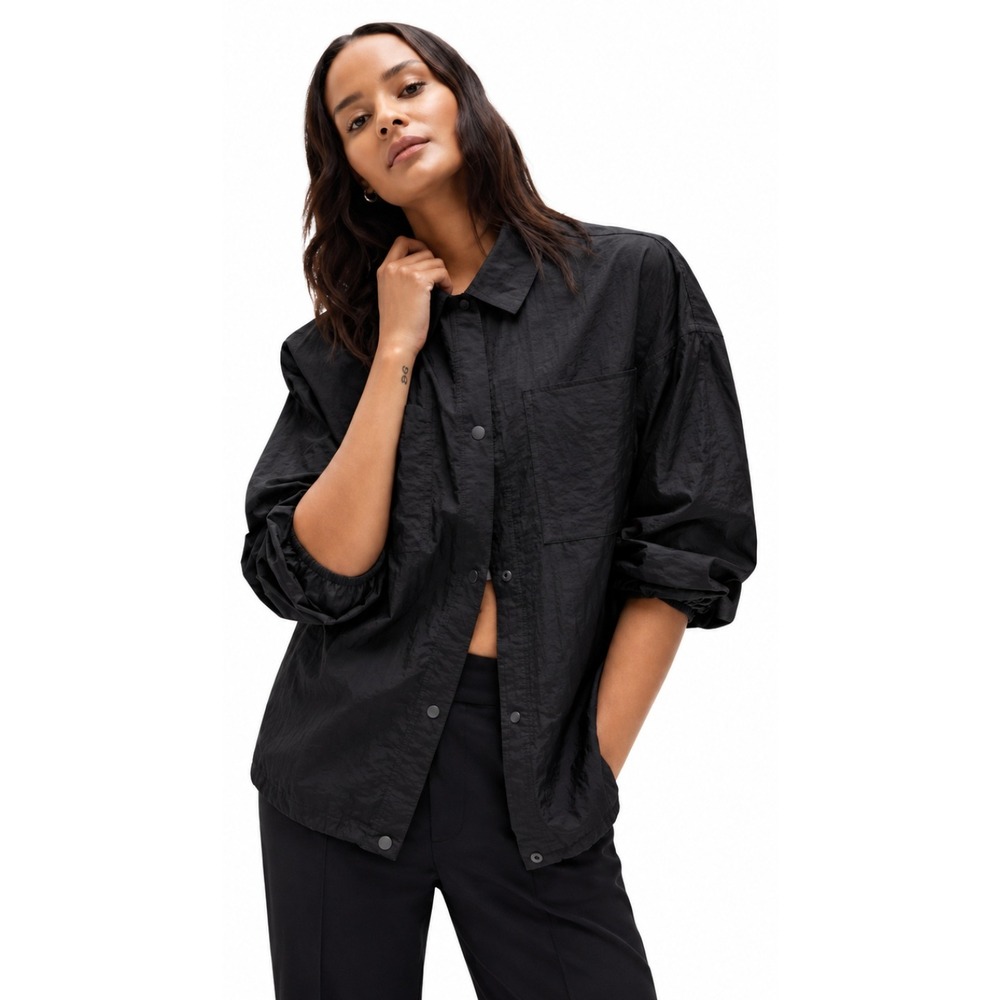 Athleta Jacket Womens Medium Black Lunar Sheen Crinkle Nylon Utility Snap Front